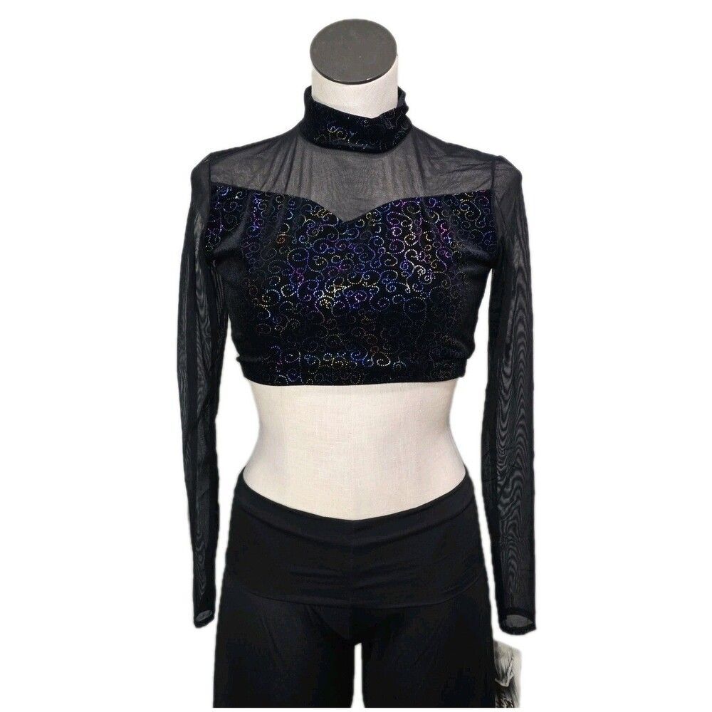 Body Wrappers VTG Mesh Velvet LS Mock Neck Dance Midriff Bling Top Size Adult L - Picture 5 of 16
